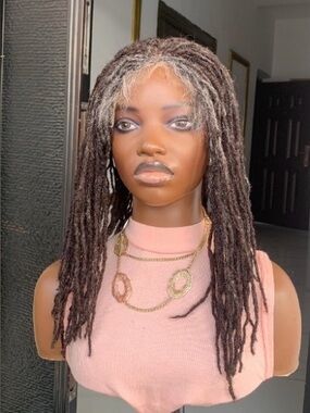 Handmade Crown Topper Brown/ Grey Faux Locs Wig – Natural Style